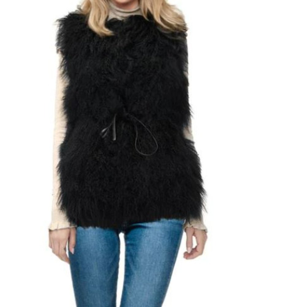 UGG Women's Abbey Black Mongolian Shearling Vest with Leather Tie